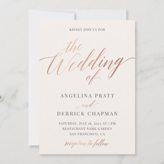 Invitation Champagne Rose Gold Ivory Calligraphie Mariage Inv (Devant)
