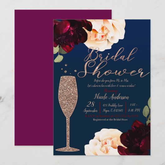 Invitation Champagne Rose Gold Marine Blue Floral Fête des ma (Devant / Derrière)