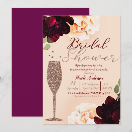 Invitation Champagne Rose Or Pêche Fête des mariées Florale (Devant / Derrière)