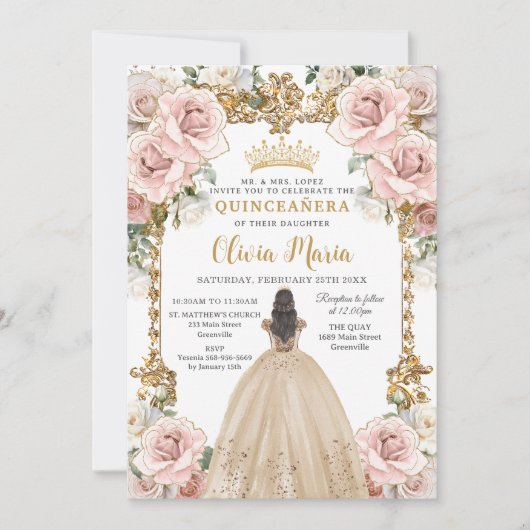 Invitation Champagne rose vintage Floral Quinceañera (Devant)