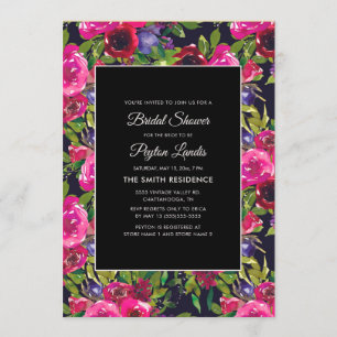 Invitation Champagne Rose Violet Floral sur Fond Noir pour Ma