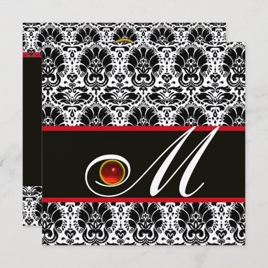 Invitation CHAMPAGNE ROUGE BLANC NOIR DAMASK MONOGRAM Ruby (Devant / Derrière)