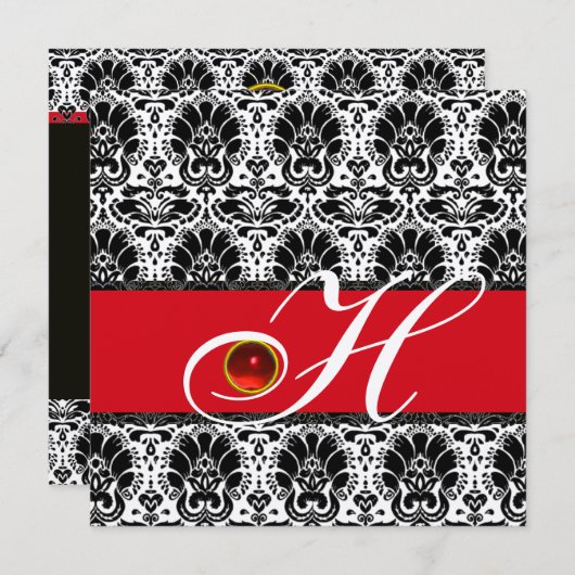 Invitation CHAMPAGNE ROUGE BLANC NOIR DAMASK MONOGRAM Ruby (Devant / Derrière)