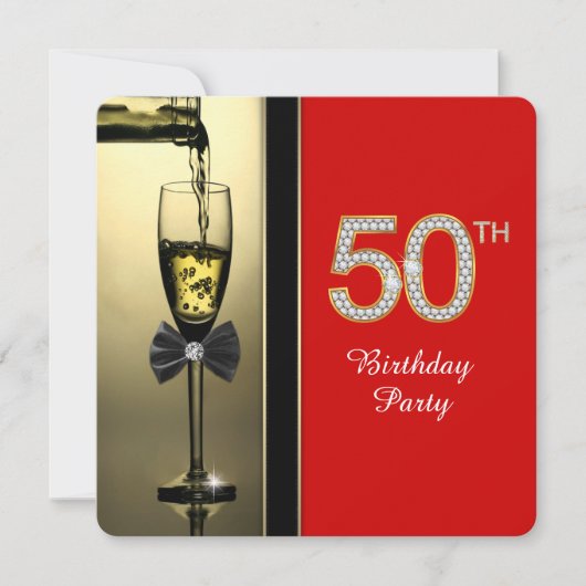 Invitation Champagne rouge et or Red 50th Birthday Party (Devant)