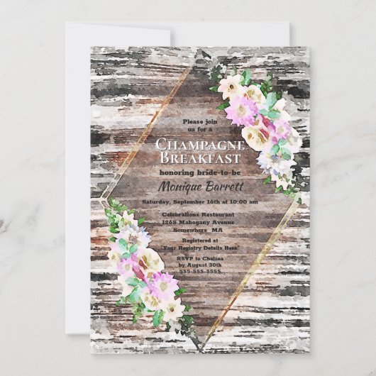 Invitation Champagne Rustique Rose Bois Floral (Devant)