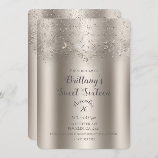Invitation Champagne Shimmer Flutter Papillon doux 16 Partie (Devant / Derrière)