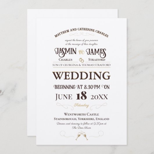 Invitation Champagne Shimmer Heritage Font Mariage (Devant / Derrière)