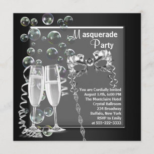 Invitation Champagne Silver Black Masquerade Party