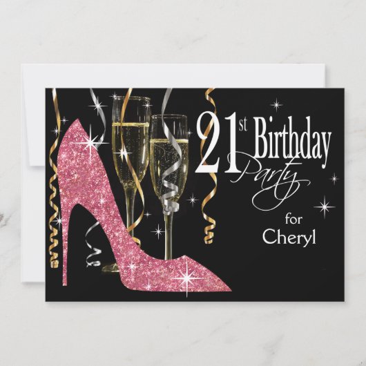 Invitation Champagne Stiletto Pailleté Anniversaire 21 ans Ro (Devant)