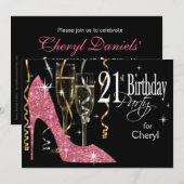 Invitation Champagne Stiletto Pailleté Anniversaire 21 ans Ro (Devant / Derrière)