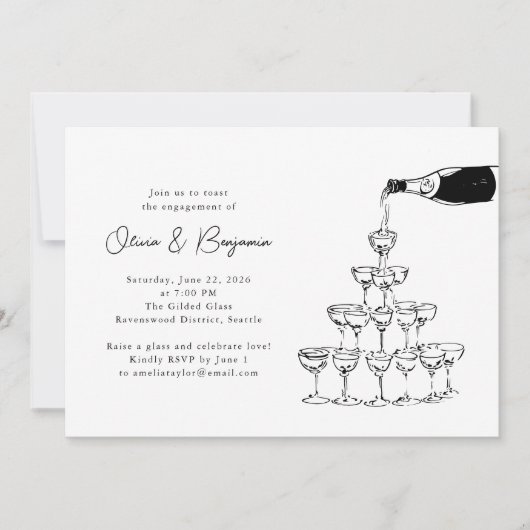 Invitation Champagne Tower Sketch Engagement Party (Devant)