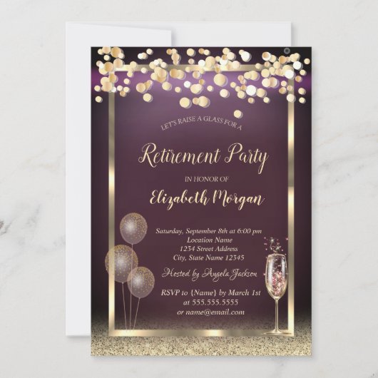 Invitation Champagne Verre Ballons Parties scintillant Gold R (Devant)