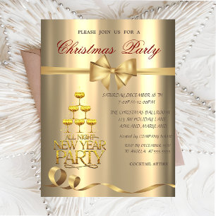 Invitation Champagne Verre Bow Gold Christmas Party