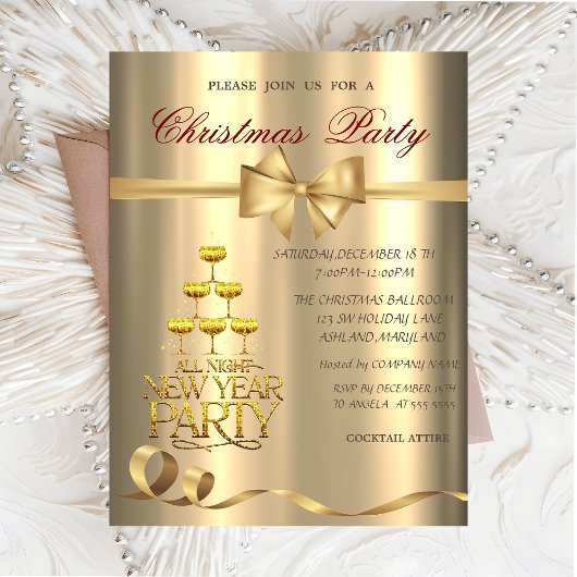 Invitation Champagne Verre Bow Gold Christmas Party