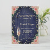 Invitation Champagne Verre Diamants Fleurs Quinceañera (Debout devant)