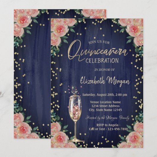 Invitation Champagne Verre Diamants Fleurs Quinceañera (Devant / Derrière)