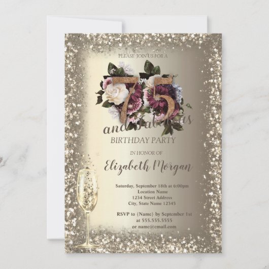 Invitation Champagne Verre Or Confetti Frame Floral 75e (Devant)