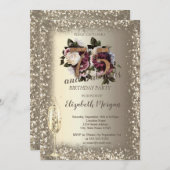 Invitation Champagne Verre Or Confetti Frame Floral 75e (Devant / Derrière)