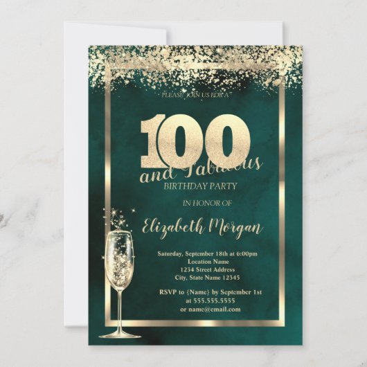 Invitation Champagne Verre Or Confetti Vert 100e anniversaire (Devant)