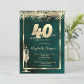 Invitation Champagne Verre Or Confetti Vert 40e anniversaire (Debout devant)