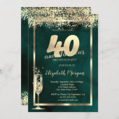 Invitation Champagne Verre Or Confetti Vert 40e anniversaire (Devant / Derrière)