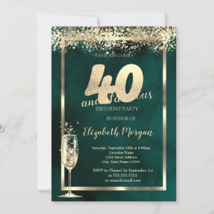 Invitation Champagne Verre Or Confetti Vert 40e anniversaire