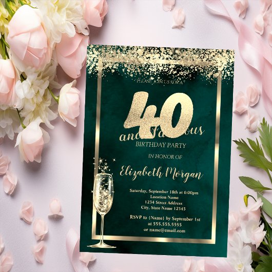 Invitation Champagne Verre Or Confetti Vert 40e anniversaire