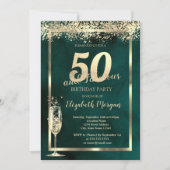 Invitation Champagne Verre Or Confetti Vert 50e anniversaire (Devant)