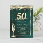 Invitation Champagne Verre Or Confetti Vert 50e anniversaire (Debout devant)