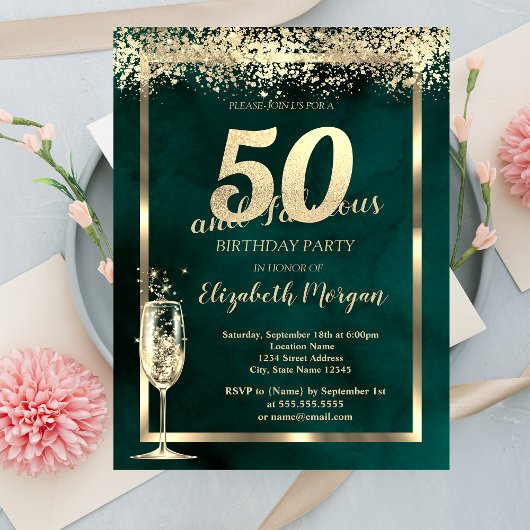 Invitation Champagne Verre Or Confetti Vert 50e anniversaire