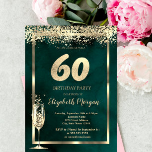 Invitation Champagne Verre Or Confetti Vert 60e anniversaire