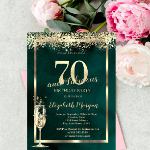 Invitation Champagne Verre Or Confetti Vert 70e anniversaire