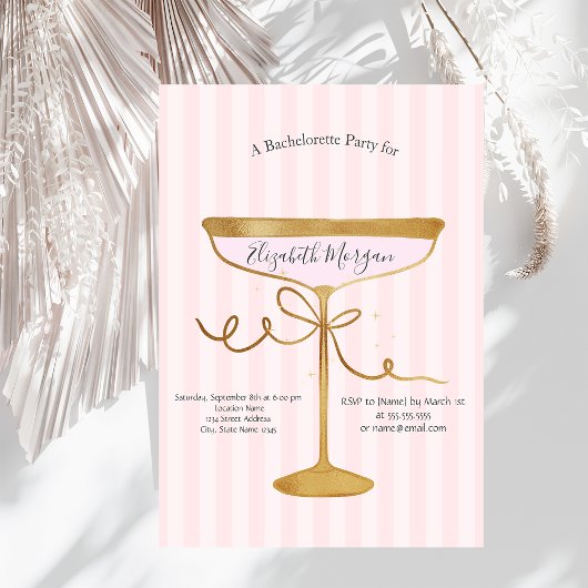Invitation Champagne Verre Pink Stripes Bachelorette