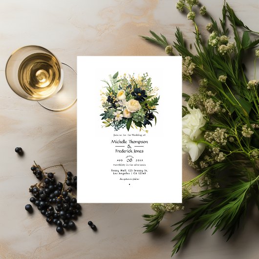 Invitation Champagne, vert et Mariage de fleurs noires