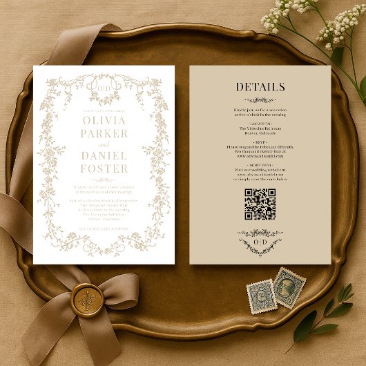 Invitation Champagne Victorienne Beige Tout en un Mariage