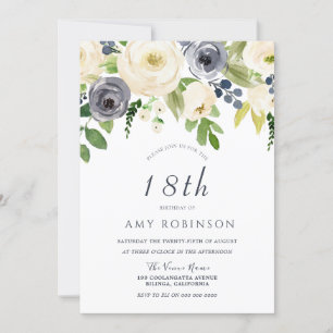 Invitation Champagne White & Navy Floral 18e fête d'anniversa