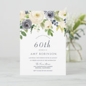Invitation Champagne White & Navy Floral 60e fête d'anniversa (Debout devant)