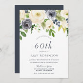 Invitation Champagne White & Navy Floral 60e fête d'anniversa (Devant / Derrière)