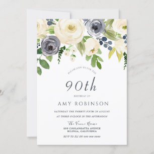 Invitation Champagne White & Navy Floral 90e fête d'anniversa