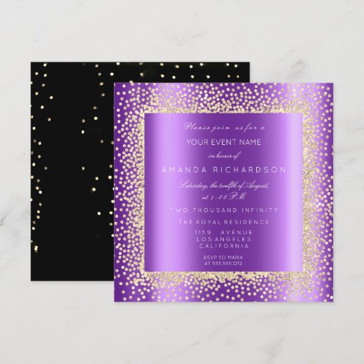 Invitation Champaigne Gold Glitter Black Confetti Purple Plum (Devant / Derrière)