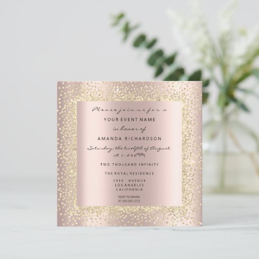 Invitation Champaigne Or Noir Minimal Confettis Rose Blush (Debout devant)