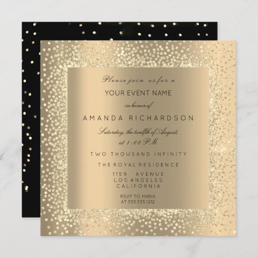 Invitation Champaigne Sepia Gold Parties scintillant Black Co (Devant / Derrière)