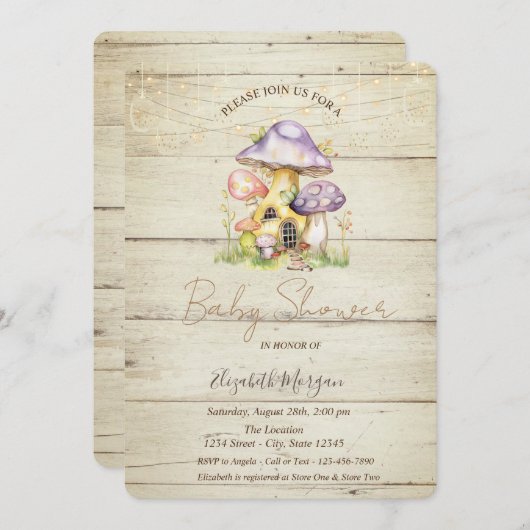 Invitation Champignon Maisons Baby shower de texture bois (Devant / Derrière)