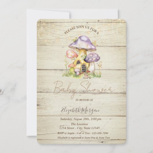 Invitation Champignon Maisons Baby shower de texture bois (Devant)