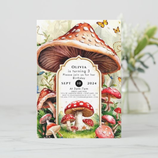 Invitation Champignon Pastel Boho Anniversaire (Debout devant)