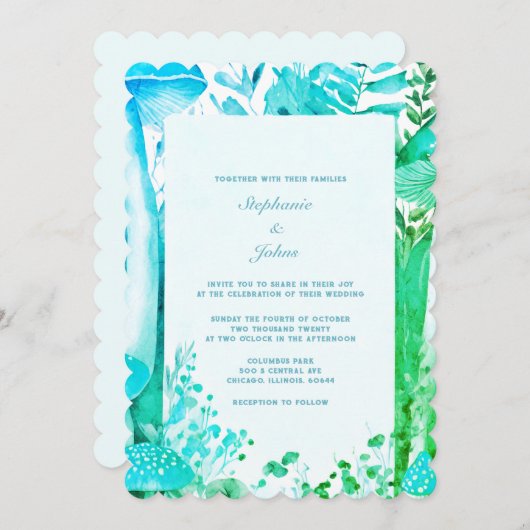 Invitation Champignons Bois Bleu Vert Boho Mariage Abstrait B (Devant / Derrière)