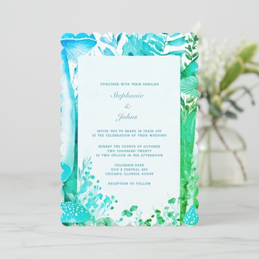 Invitation Champignons Bois Bleu Vert Boho Mariage Abstrait B (Debout devant)