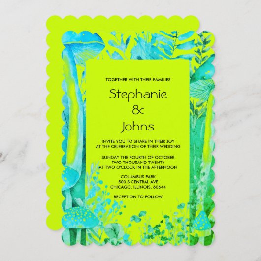 Invitation Champignons Bois Lime Vert Turquoise Bleu Mariage (Devant / Derrière)