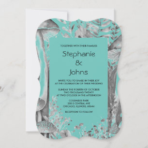 Invitation Champignons Bois Turquoise Bleu Noir Gris Mariage