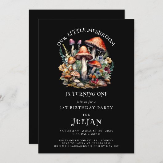 Invitation Champignons boisés enchantés Bois Bois 1er anniver (Devant / Derrière)